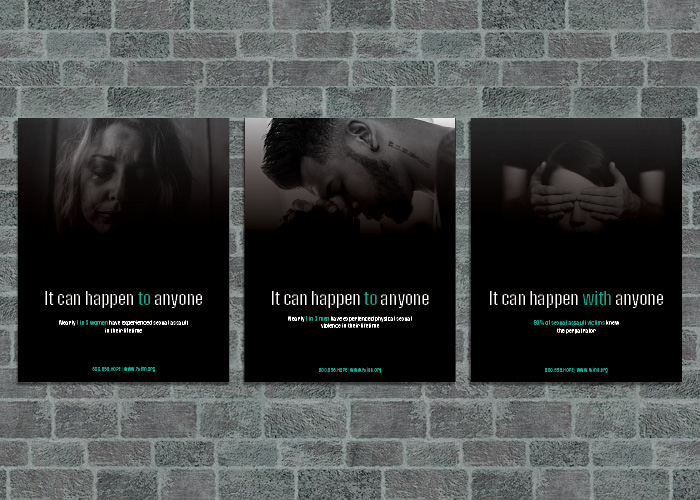 All three sexual assault PSA posters on a brick background