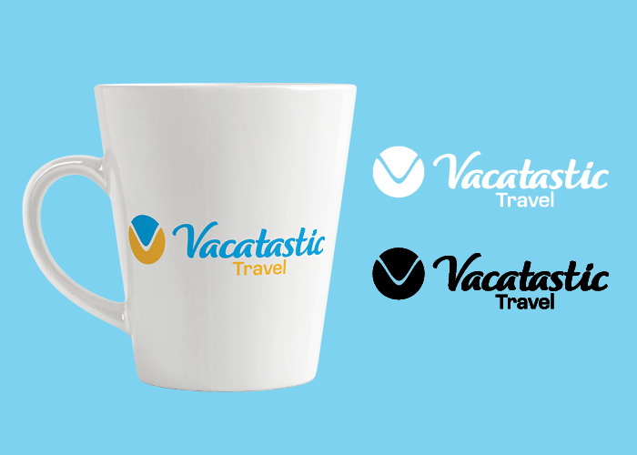 Mug with color version of Vacatastic logo and a white version as well as a black version to the right of the mug