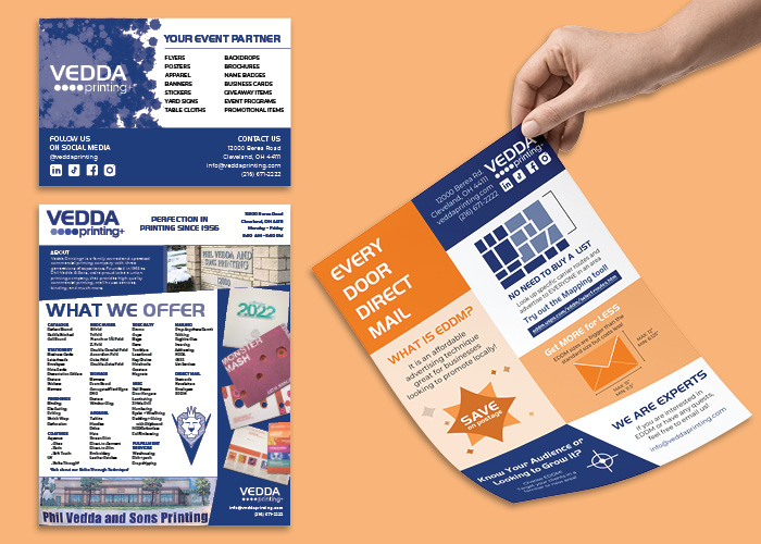 Vedda event sell sheet, one page sell sheet, and Every Door Direct Mail infographic on an orange background